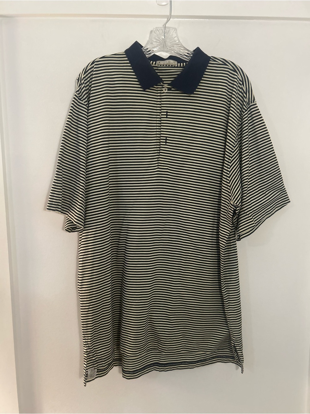 Peter Millar 100% Cotton Polo Size large Navy Blue and light Yellow